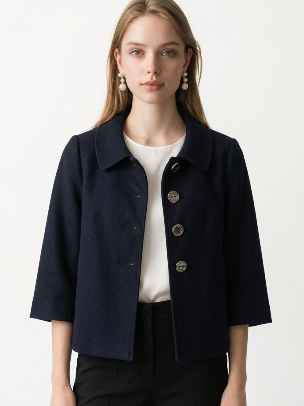 SANDRO SPORTSWEAR | Navy Blue Cropped Button Peacoat Jacket Women’s Size Medium